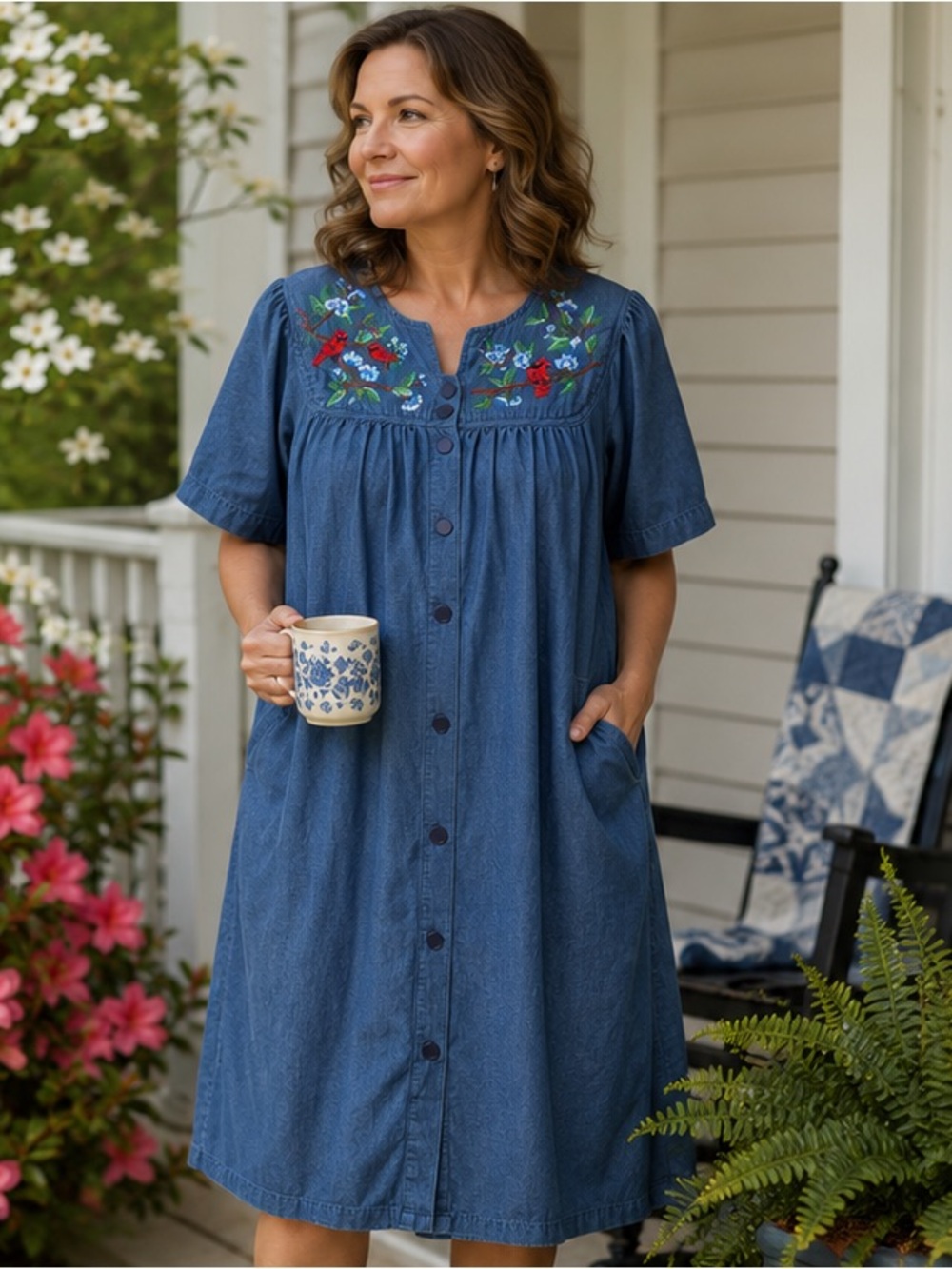 Go Softly Patio Chambray House Dress Cardinal Bird EmbroideredCottonButtonFrontS